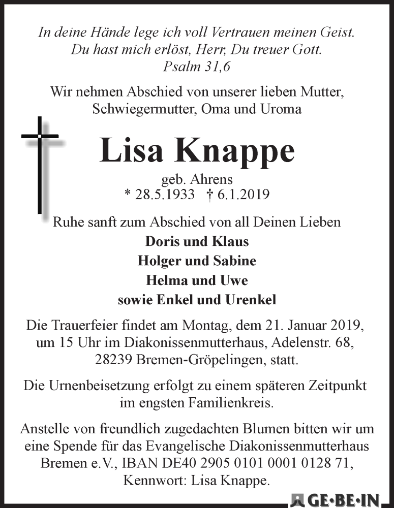 Traueranzeige von Lisa Knappe von WESER-KURIER