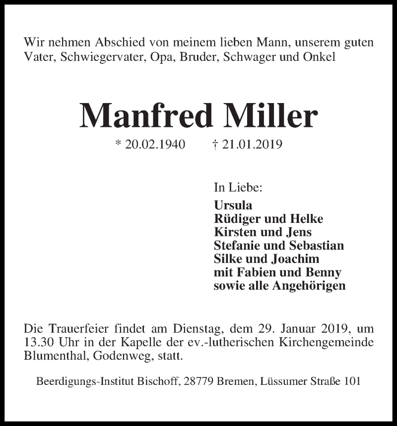 Traueranzeige von Manfred Miller von Die Norddeutsche