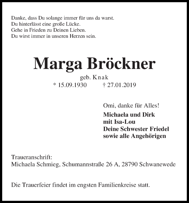 Traueranzeige von Marga Bröckner von Die Norddeutsche