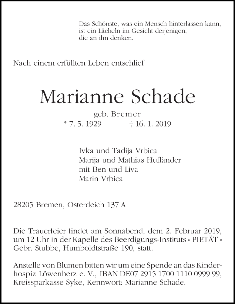 Traueranzeige von Marianne Schade von WESER-KURIER