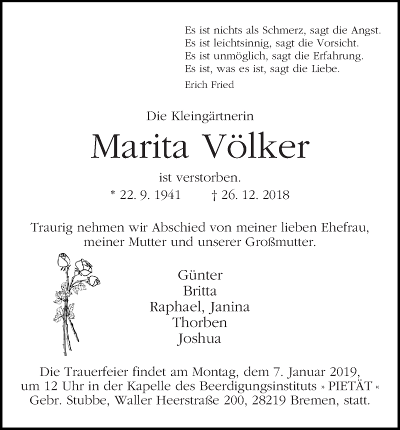 Traueranzeige von Marita Völker von WESER-KURIER