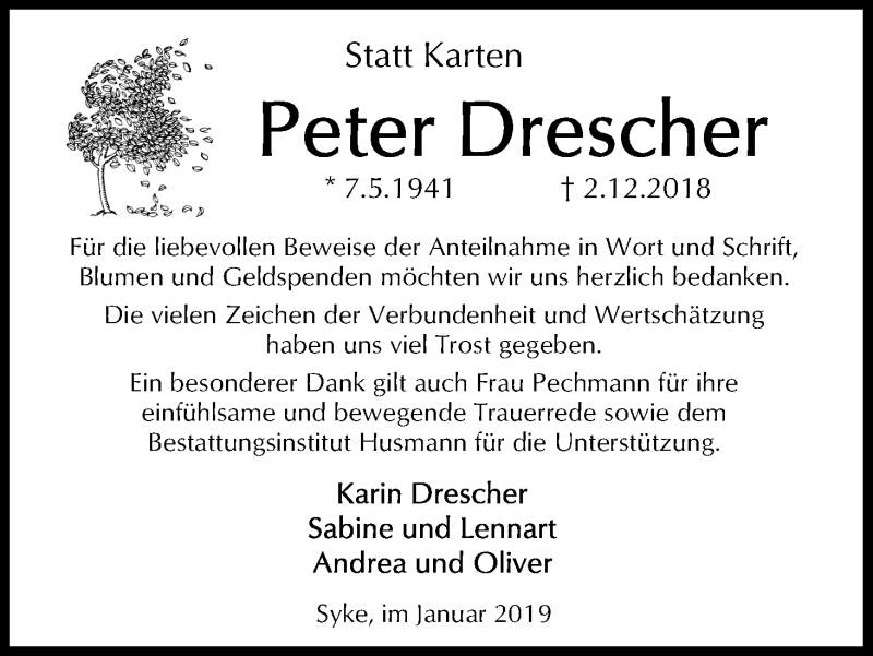 Traueranzeige von Peter Drescher von WESER-KURIER