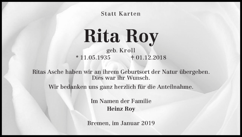 Traueranzeige von Rita Roy von Die Norddeutsche