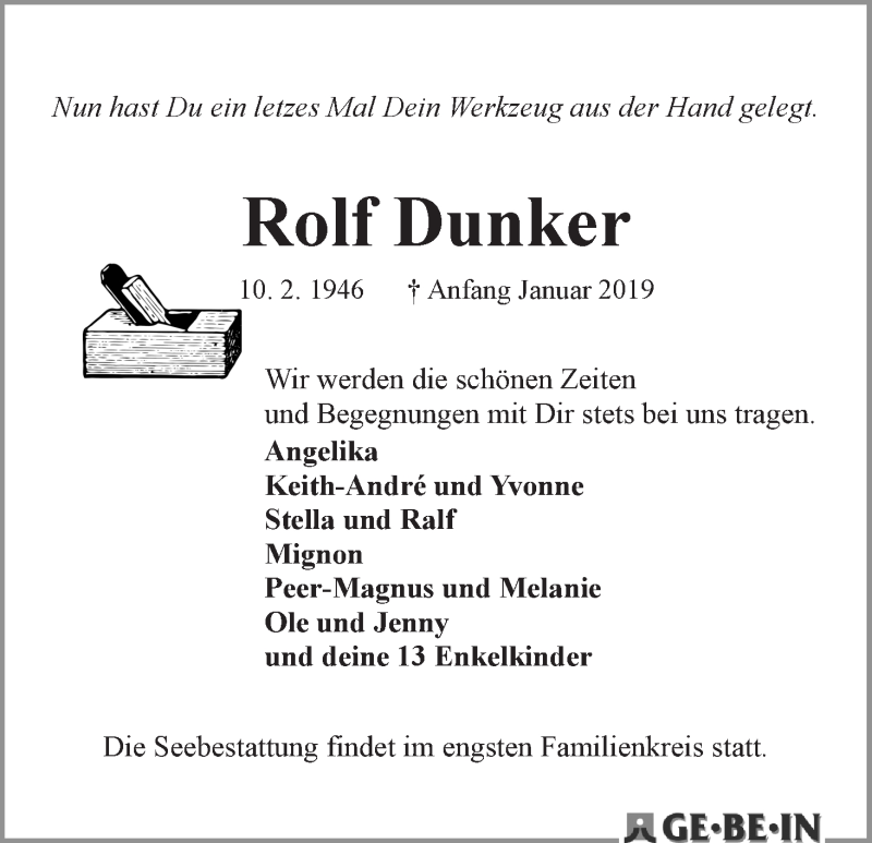 Traueranzeige von Rolf Dunker von WESER-KURIER