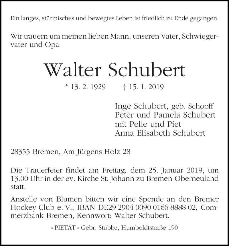 Traueranzeige von Walter Schubert von WESER-KURIER