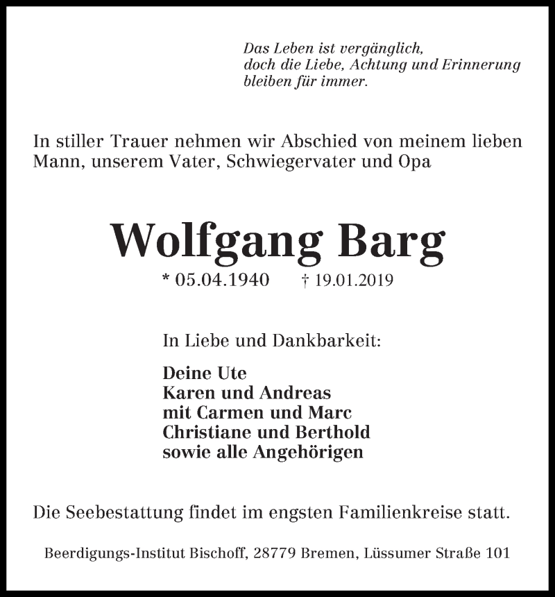 Traueranzeige von Wolfgang Barg von Die Norddeutsche