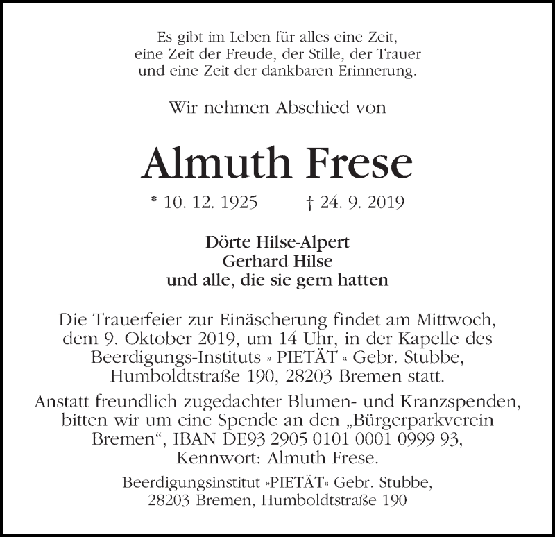 Traueranzeige von Almuth Frese von WESER-KURIER