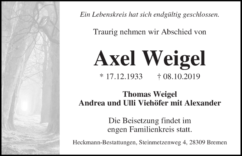 Traueranzeige von Axel Weigel von WESER-KURIER