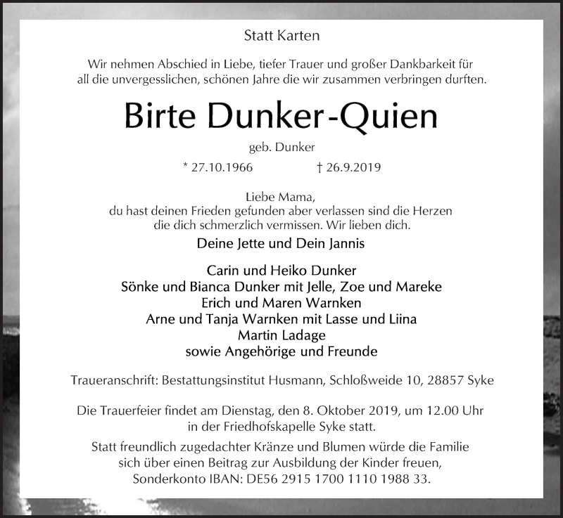 Traueranzeige von Birte Dunker-Quien von WESER-KURIER