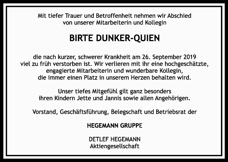 Traueranzeige von Birte Dunker-Quien von WESER-KURIER