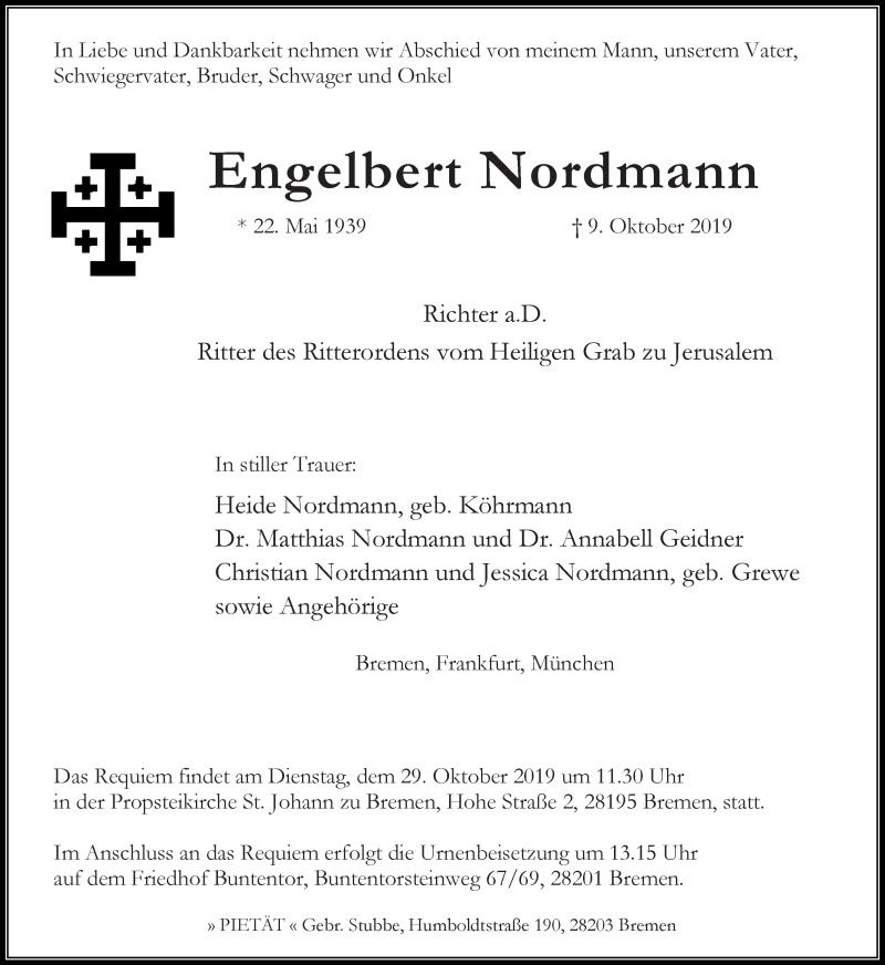 Traueranzeige von Engelbert Nordmann von WESER-KURIER