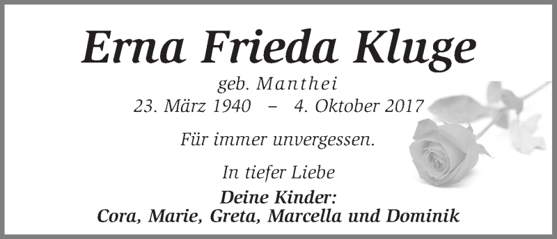Traueranzeige von Erna Frieda Kluge von WESER-KURIER