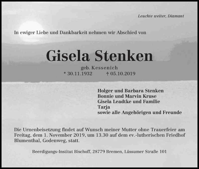 Traueranzeige von Gisela Stenken von Die Norddeutsche