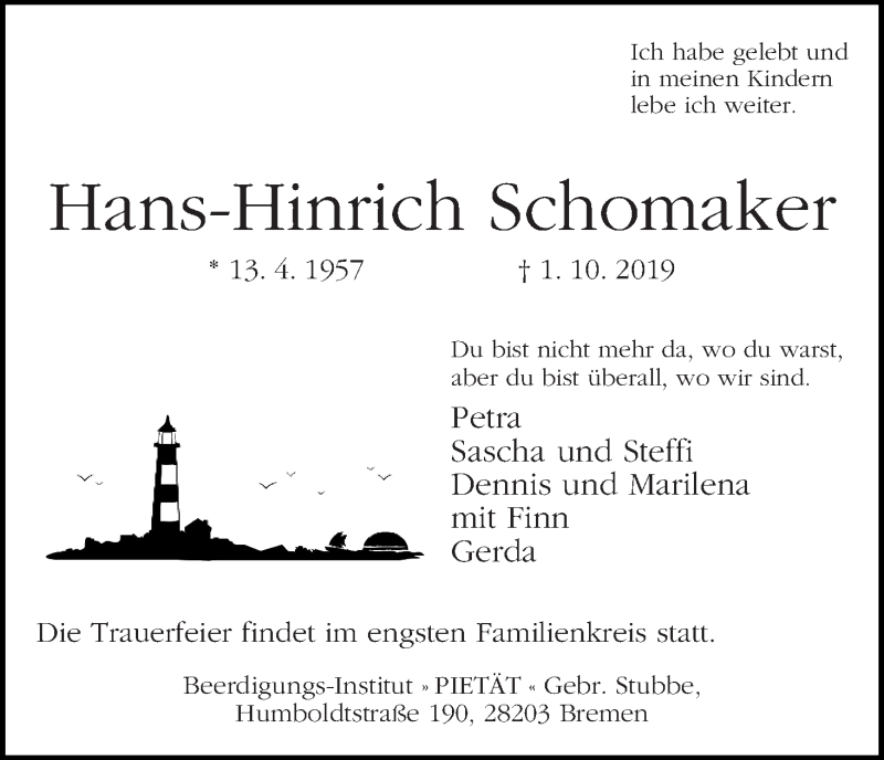 Traueranzeige von Hans-Hinrich Schomaker von WESER-KURIER