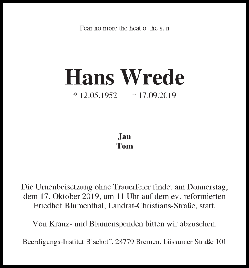 Traueranzeige von Hans Wrede von Die Norddeutsche