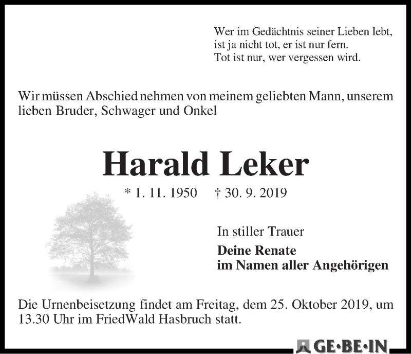 Traueranzeige von Harald Leker von WESER-KURIER