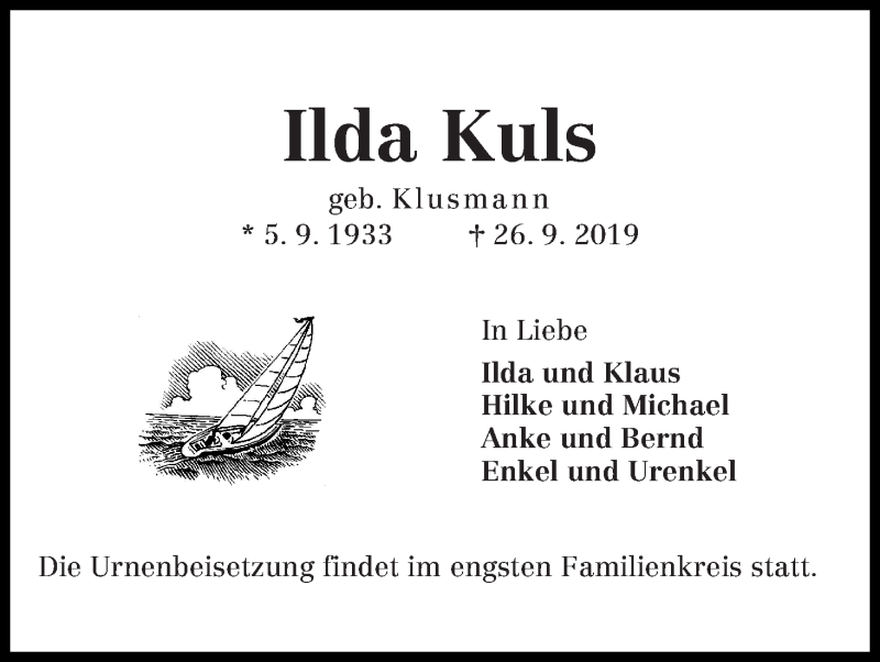Traueranzeige von Ilda Kuls von WESER-KURIER