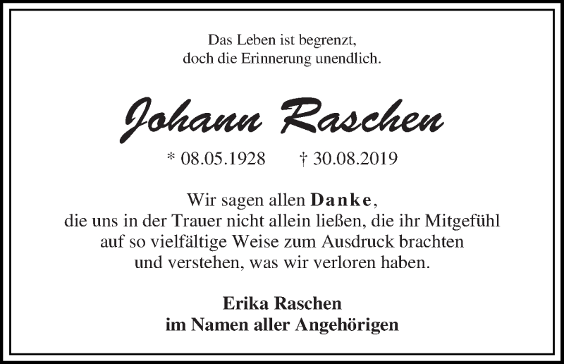 Traueranzeige von Johann Raschen von WESER-KURIER