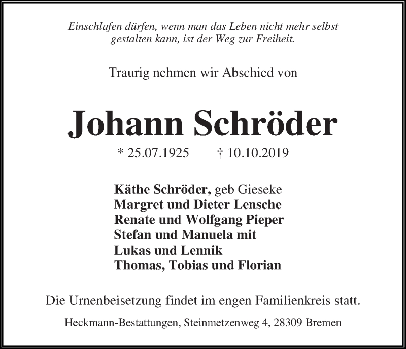 Traueranzeige von Johann Schröder von WESER-KURIER