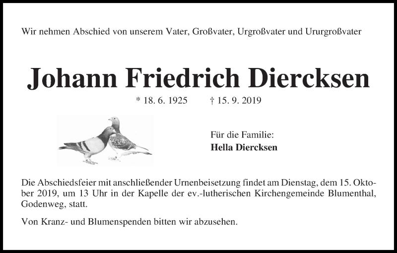 Traueranzeige von Johann Friedrich Diercksen von Die Norddeutsche