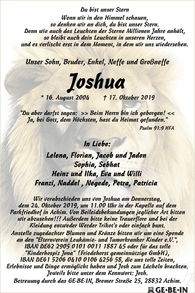 Traueranzeige von Joshua  von WESER-KURIER