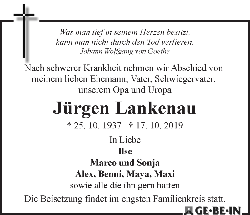 Traueranzeige von Jürgen Lankenau von WESER-KURIER