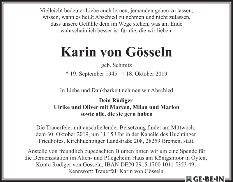 Traueranzeige von Karin von Gösseln von WESER-KURIER