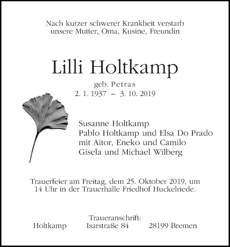 Traueranzeige von Lilli Holtkamp von WESER-KURIER