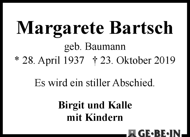 Traueranzeige von Margarete Bartsch von WESER-KURIER