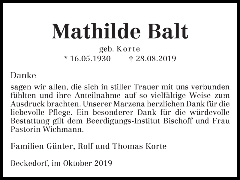 Traueranzeige von Mathilde Balt von Die Norddeutsche