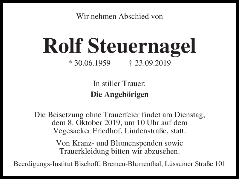 Traueranzeige von Rolf Steuernagel von Die Norddeutsche