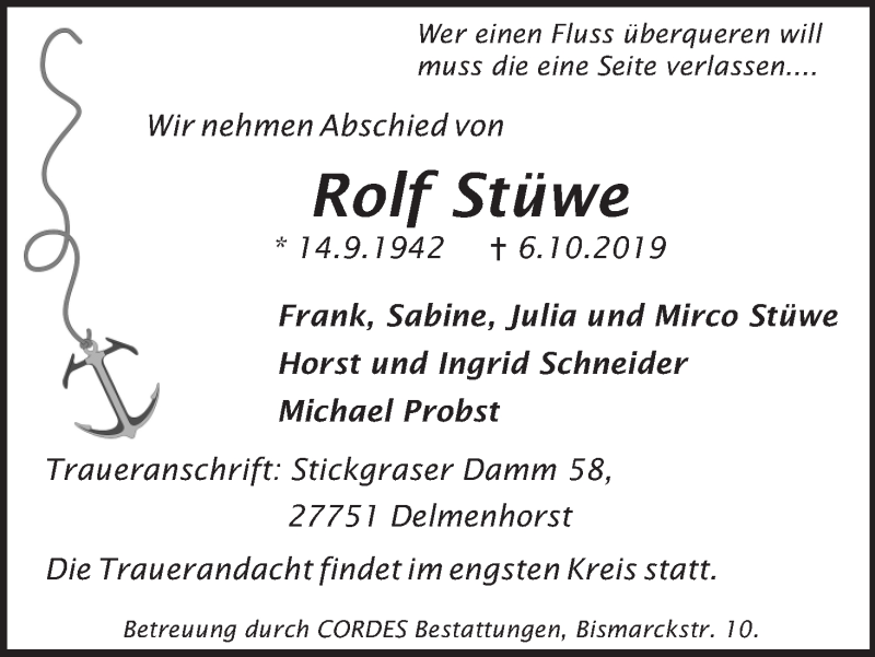 Traueranzeige von Rolf Stüwe von WESER-KURIER