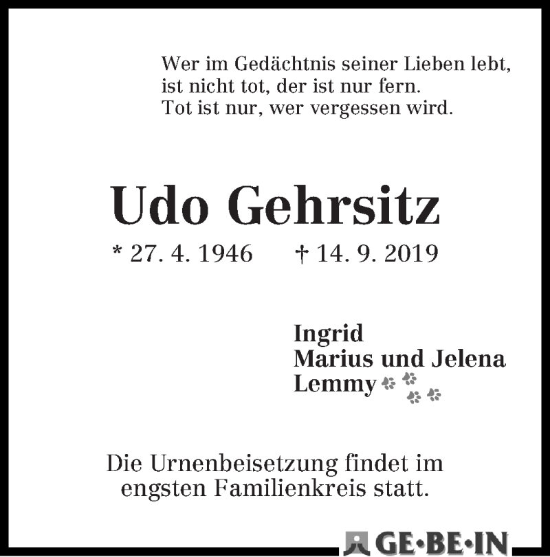 Traueranzeige von Udo Gehrsitz von WESER-KURIER