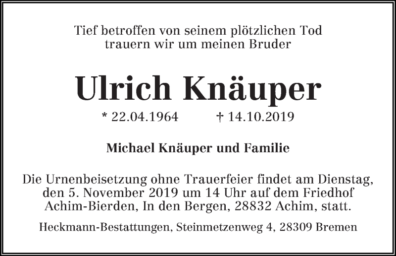 Traueranzeige von Ulrich Knäuper von WESER-KURIER