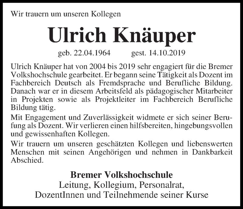 Traueranzeige von Ulrich Knäuper von WESER-KURIER