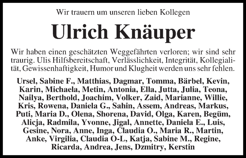 Traueranzeige von Ulrich Knäuper von WESER-KURIER
