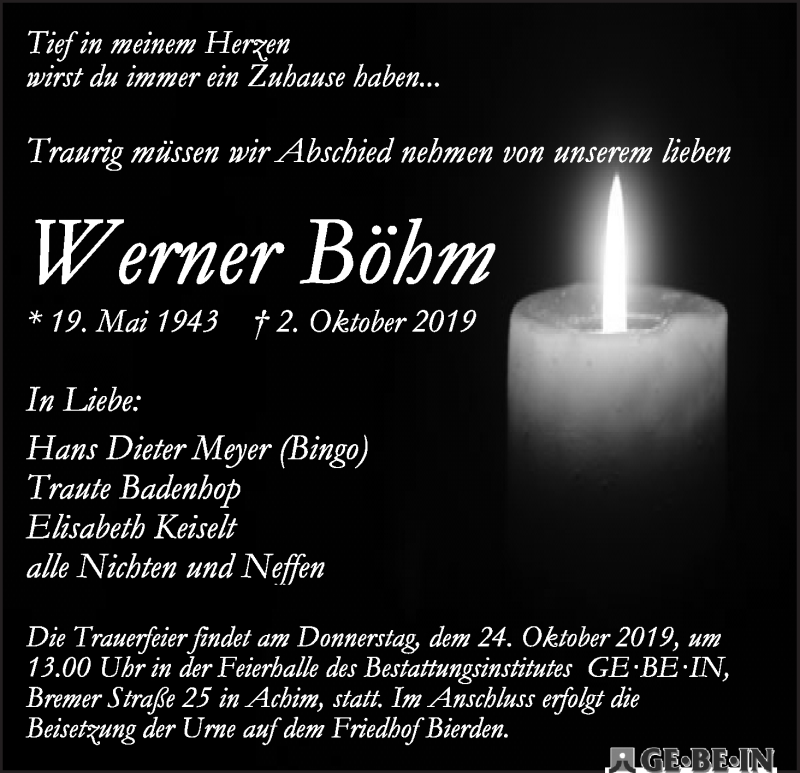 Traueranzeige von Werner Böhm von WESER-KURIER