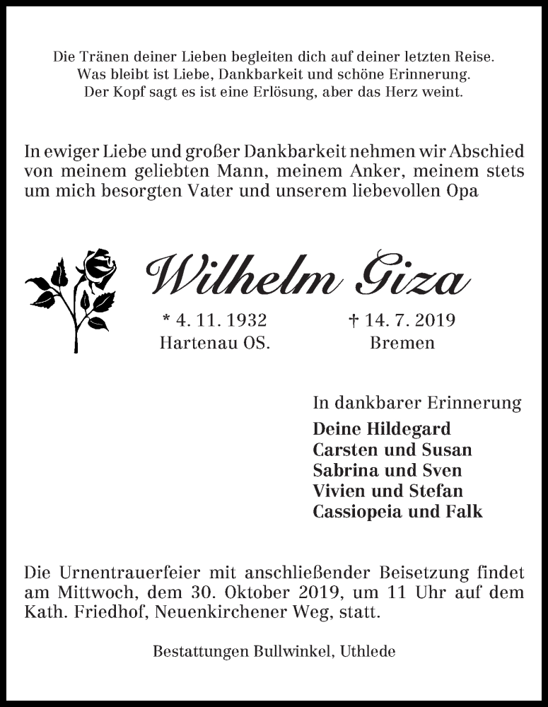 Traueranzeige von Wilhelm Giza von Die Norddeutsche
