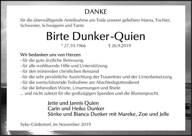 Traueranzeige von Birte Dunker-Quien von WESER-KURIER