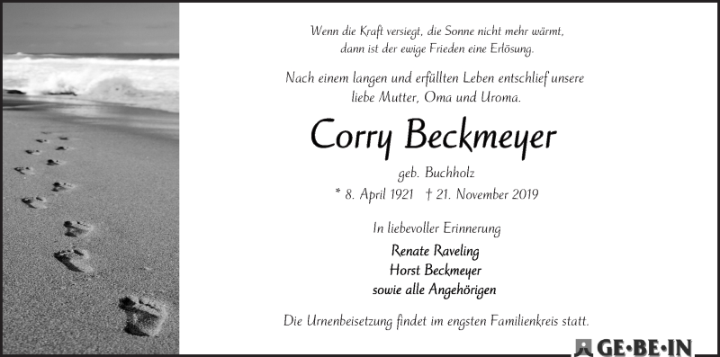 Traueranzeige von Corry Beckmeyer von WESER-KURIER