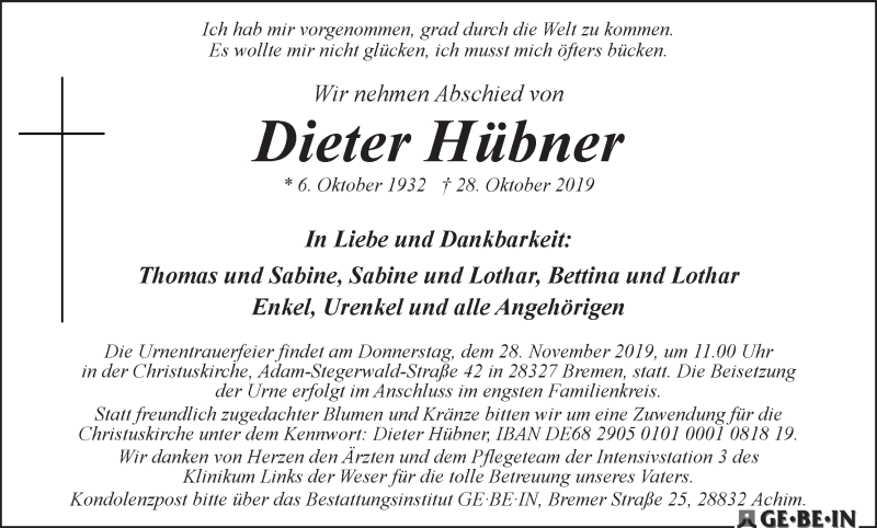 Traueranzeige von Dieter Hübner von WESER-KURIER