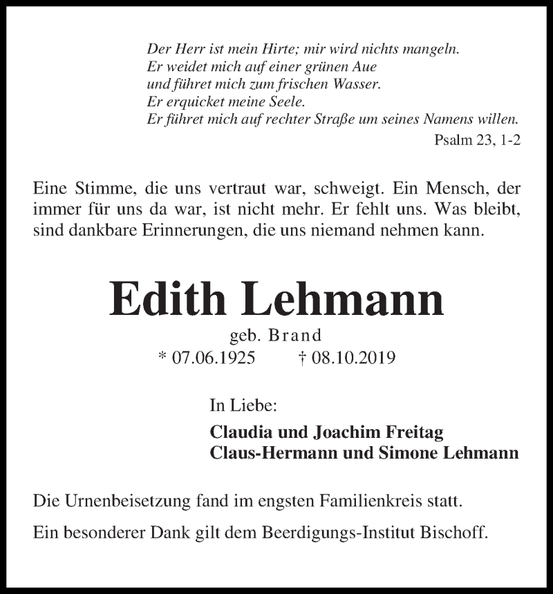 Traueranzeige von Edith Lehmann von Die Norddeutsche