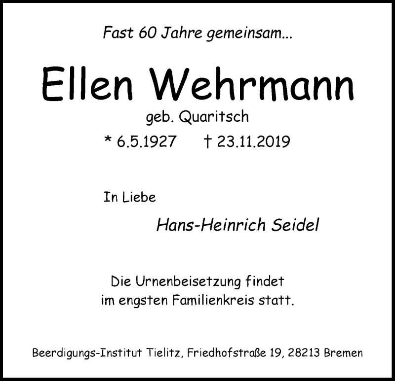 Traueranzeige von Ellen Wehrmann von WESER-KURIER