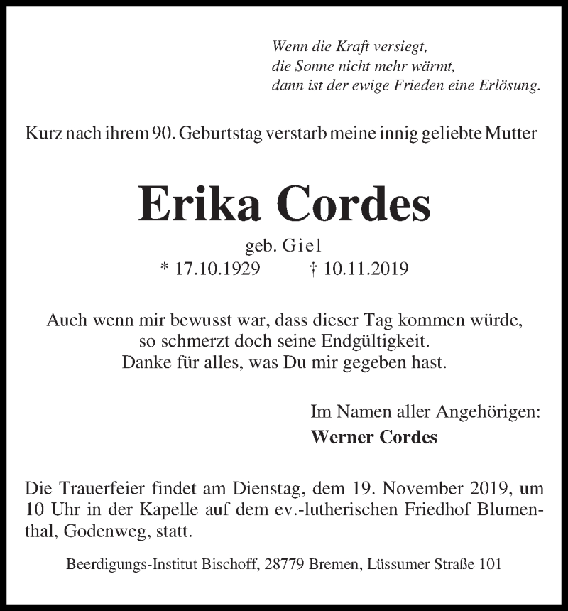 Traueranzeige von Erika Cordes von Die Norddeutsche
