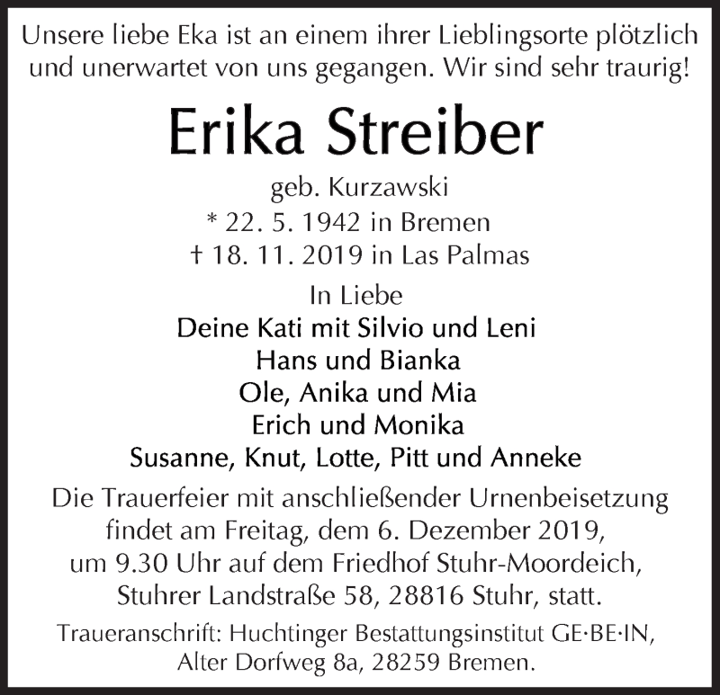 Traueranzeige von Erika Streiber von WESER-KURIER