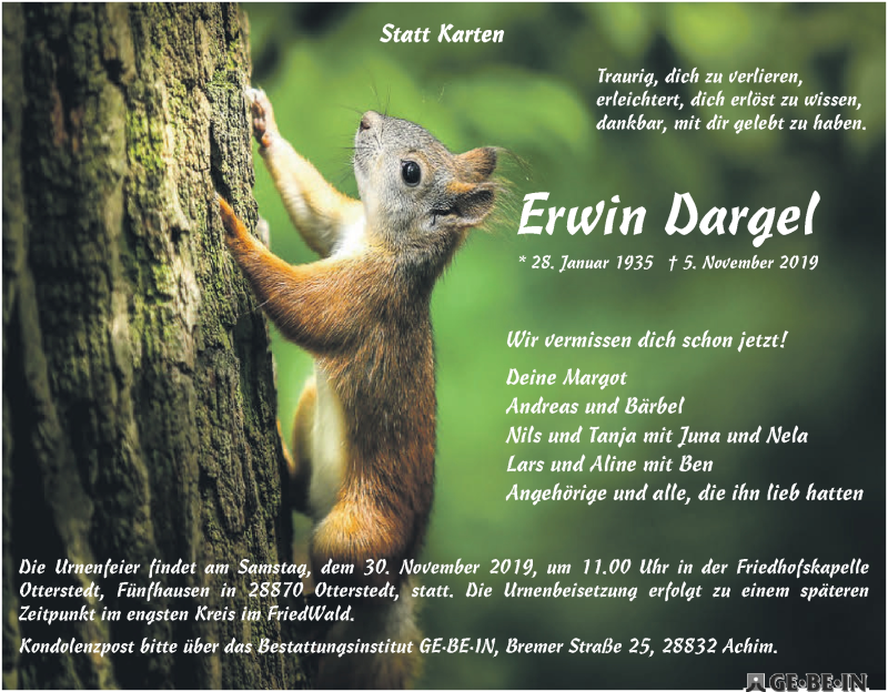 Traueranzeige von Erwin Dargel von Die Norddeutsche