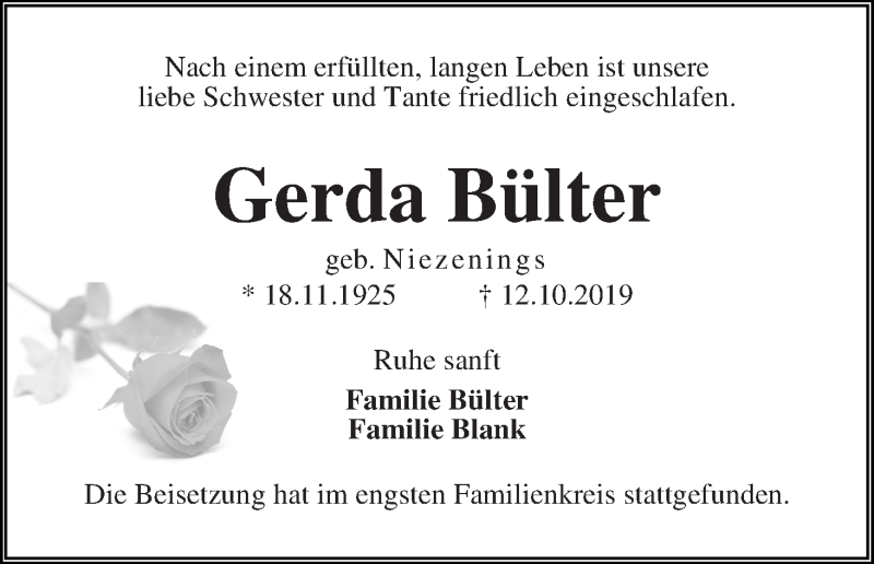 Traueranzeige von Gerda Bülter von Die Norddeutsche