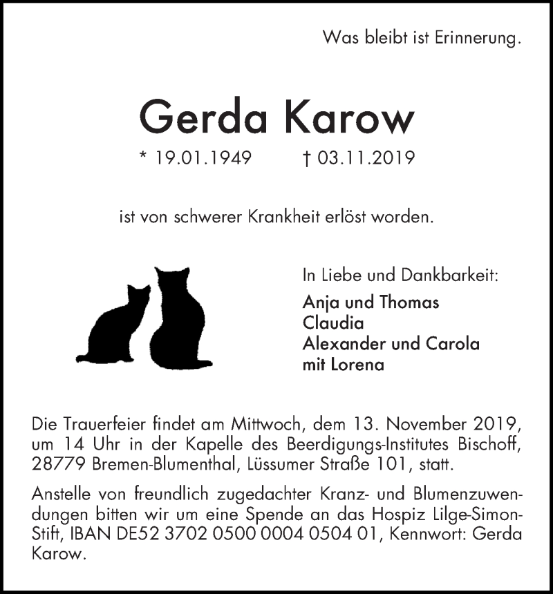 Traueranzeige von Gerda Karow von Die Norddeutsche