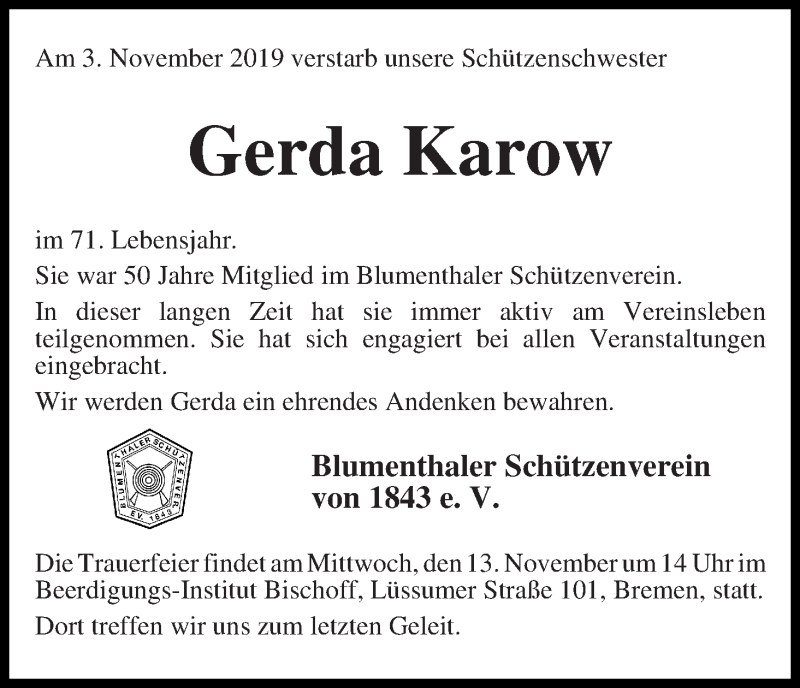 Traueranzeige von Gerda Karow von Die Norddeutsche