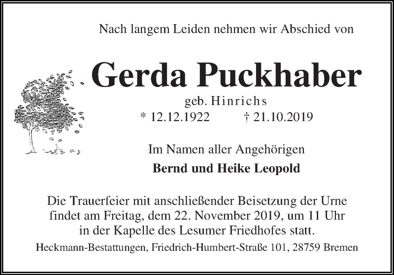 Traueranzeige von Gerda Puckhaber von Die Norddeutsche